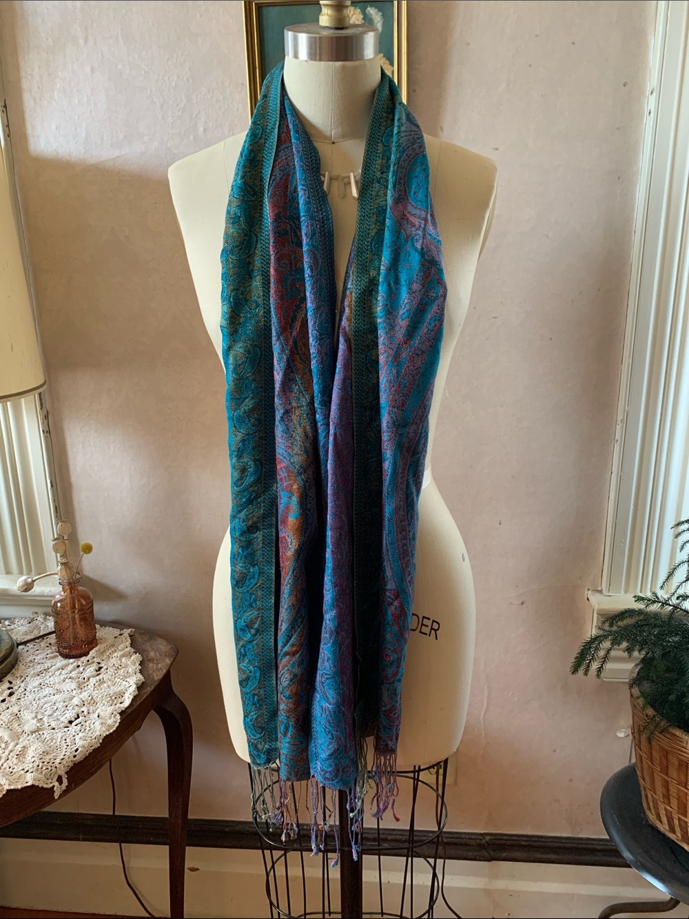 Teal Multi-Color Paisley Pure Silk Scarf
